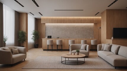 An empty reception and waiting area interior design illustration template, An empty hotel area interior mockup design.