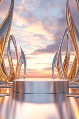 Empty round metallic podium surrounded by gold and silver abstract shapes against sunset sky with clouds. Product display background with copy space 