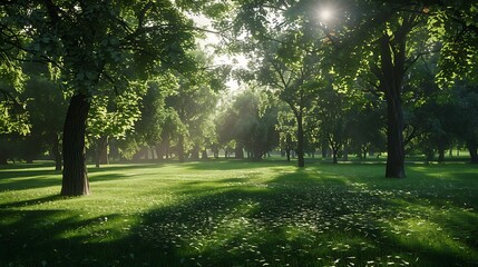 Fototapeta premium Park,A place is shown where the ground is covered in greenery and large trees with the sun rising&nbsp;from&nbsp;them.