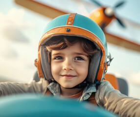 A cute little indian boy wearing an airplane pilot helmet is sitting in the cockpit