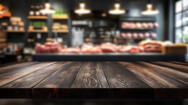 wooden table with blurred meat in butcher shop background 