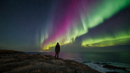 Woman on cliff watching northern lights