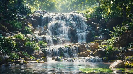 A tranquil waterfall flows into a pool surrounded by lush green forest, creating a serene and peaceful natural scene.