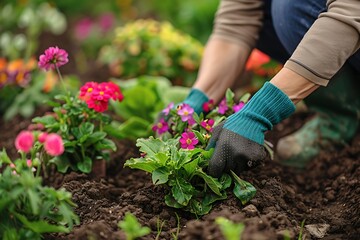 Fototapeta premium Planting flowers in a garden,Planting a plant with both&nbsp;hands