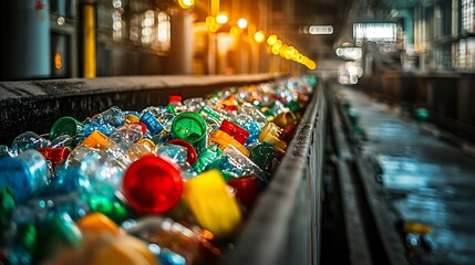 A close-up view of a recycling conveyor belt brims with plastic bottles, highlighting the intricate process of turning waste into reusable resources.