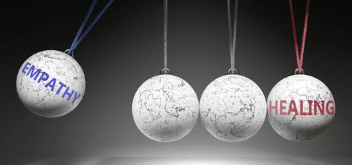 Empathy and Healing - cause and effect relationship. A Newton cradle metaphor showing how empathy results in healing. It initiates healing. ,3d illustration