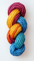Multicolored rope knot on white background. Close up. Selective focus