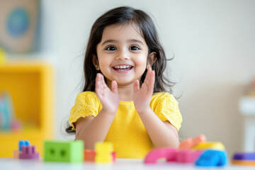 Cute little Indian girl clapping while playing with toys or blocks, sitting at table