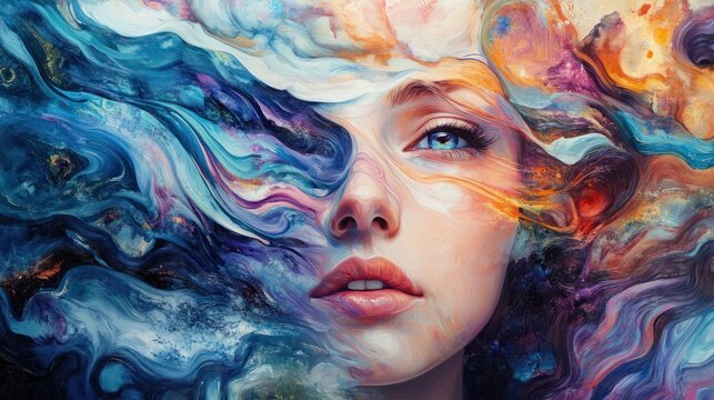 A portrait of a woman with a swirling abstract aura of bright colors.