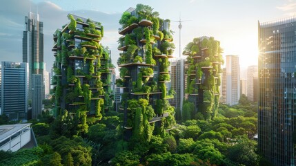 Futuristic green cityscape featuring eco-friendly skyscrapers with vertical gardens and renewable energy.