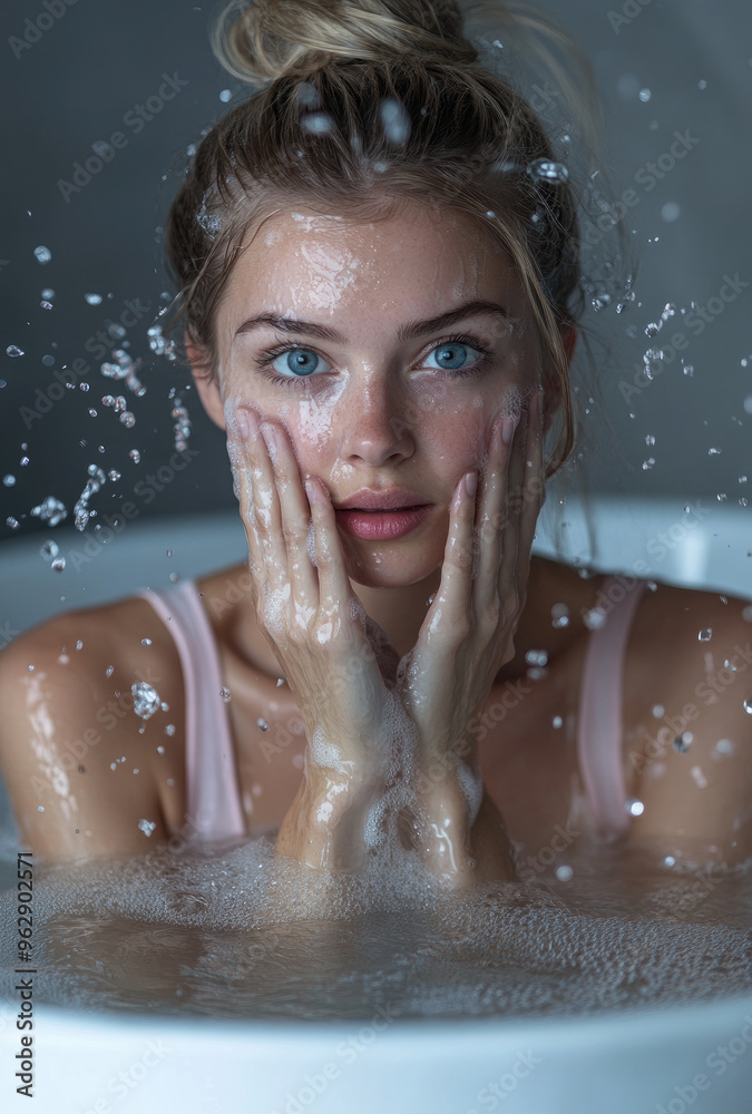 Poster a woman in the bathtub, washing her face with water and soap.