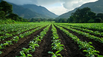 Green crops grow in neat rows on a farm with mountains in the background, capturing the beauty of agricultural harmony with the land.