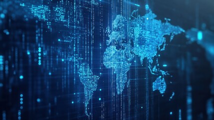 Obraz premium Abstract digital world map on blue background with binary code and global network connection technology concept, data transfer and cyber security in the cyberspace