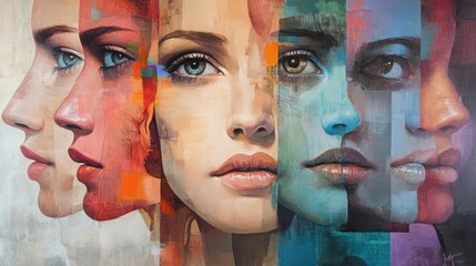 abstract portrait painting of woman with various faces
