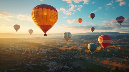 Obraz premium Hot air balloons glide over Cappadocia�s valley at sunset, creating a breathtaking scene of light and shadow.