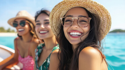 Group of Young happy indian woman friends sitting on the boat passing island beach lagoon in summer sunny day.