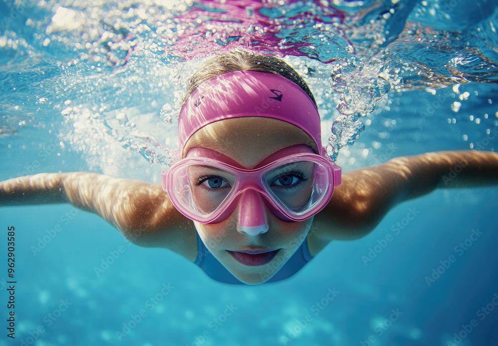 Poster a girl swimming in the pool, wearing a pink swim cap and goggles, from an underwater view. 