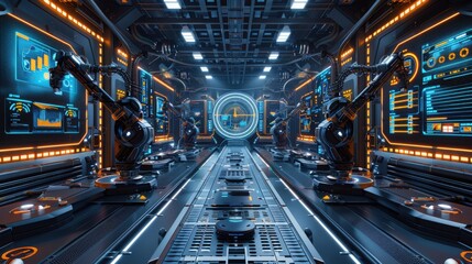 In a state-of-the-art factory, robotic arms and digital interfaces highlight automation and precision in manufacturing.