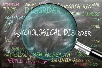 Psychological Disorder being studied, examined - under close inspection. Most important subjects and ideas closely related to psychological disorder. ,3d illustration