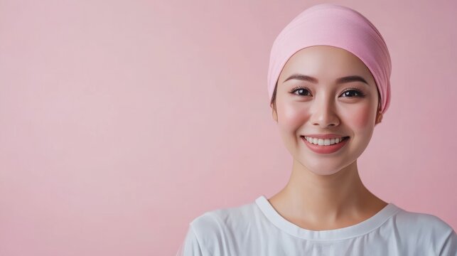 Asian Women patient cancer smile on background realristic photo in studio for advertising.