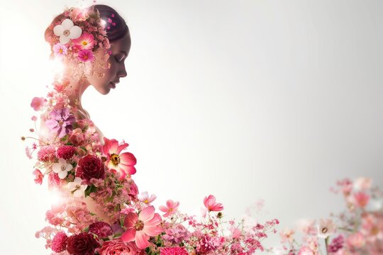 Woman made of flowers, perfume concept. Artistic floral arrangement on white backdrop frames mysterious woman figure. Suitable for beauty, fragrance, decor ads.