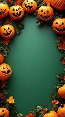 Playful green background with smiling pumpkin faces