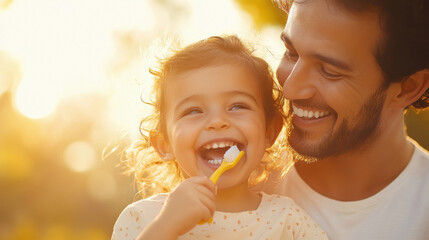 happy indian man brushing the daughter's teeth