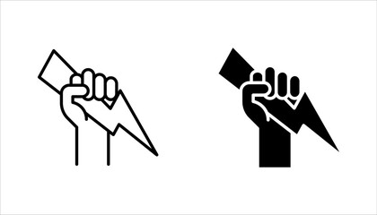 Lightning holding in hand. Vector illustration flat design. Gesture with a fist. Symbol of victory and leader. Power icon set Isolated on white background.