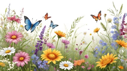 A detailed HD illustration of a summer meadow with a seamless floral pattern. The watercolor horizontal border features a rich array of wildflowers, butterflies, and dragonflies