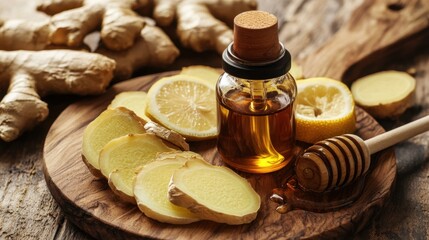 Ginger root extract in a small amber bottle with sliced ginger roots, honey, and lemon wedges on a wooden board