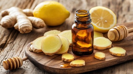 Obraz premium Ginger root extract in a small amber bottle with sliced ginger roots, honey, and lemon wedges on a wooden board