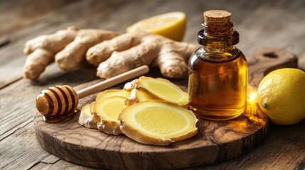 Ginger root extract in a small amber bottle with sliced ginger roots, honey, and lemon wedges on a wooden board