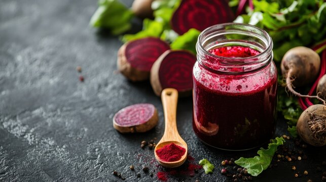 Beetroot extract powder in a glass jar with fresh beets, leafy greens, and a wooden spoon on a dark rustic table