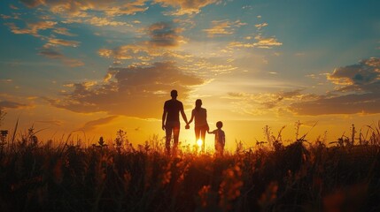Fototapeta premium A beautiful sunset casts a golden glow over a family silhouette, highlighting their togetherness in a peaceful evening scene.