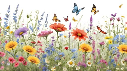 A detailed HD illustration of a summer meadow with a seamless floral pattern. The watercolor horizontal border features a rich array of wildflowers, butterflies, and dragonflies