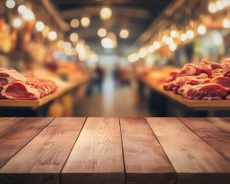 wooden table with blurred meat in butcher shop background 