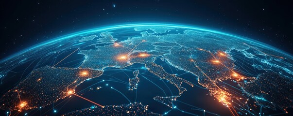 Stunning aerial view of Europe showcasing glowing cities, networks, and vibrant connections across the continent at night.