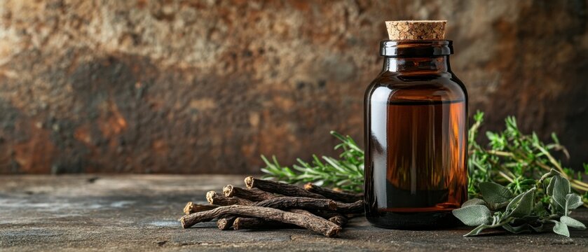 Licorice root extract in a dark amber bottle with dried licorice roots, green herbs, and a rustic background