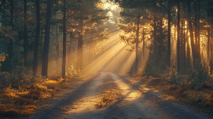 Road in the pine forest with rays of light passing through the trees