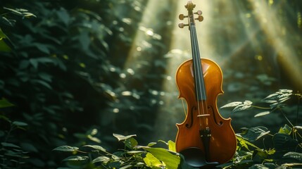 A beautifully crafted violin stands amidst dense foliage in a forest, bathed in golden sunlight. The serene setting highlights the instrument's elegance and the natural harmony between music and