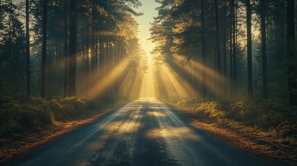 Road in the pine forest with rays of light passing through the trees