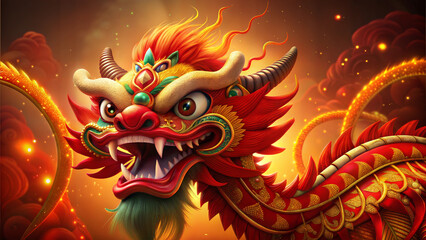 Traditional Chinese Dragon Dance with Vibrant Red and Gold Colors in Festive Celebration