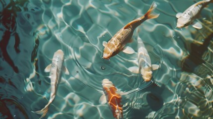 Obraz premium A group of colorful koi fish swim gracefully in clear, rippling water, creating a serene aquatic scene.
