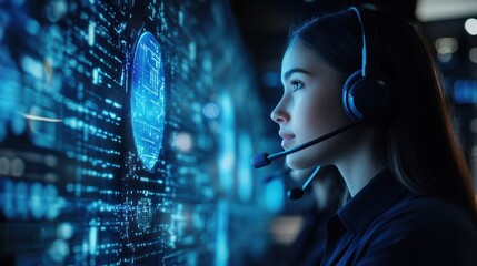 Elevating customer service with blue technology hologram of Digital on screen network, Staff women with headsets and AI interfaces. Call center with Technology Internet and network concept