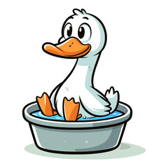 Cute cartoon duck sitting in basin on white background.	