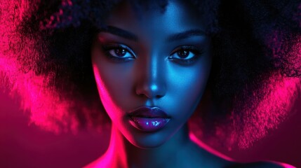 Fototapeta premium Fashion portrait of beautiful african american woman with afro hairstyle in neon lights