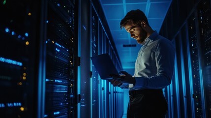 Focused IT professional using a laptop while standing in a server room with racks of network equipment illuminated by blue lights