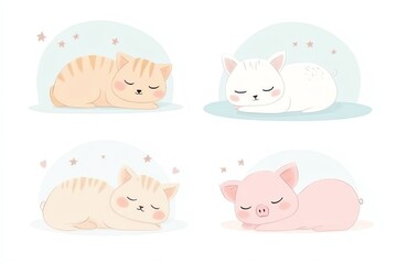 Obraz premium Adorable sleeping animals including cats and a pig, perfect for children's themes and cute illustrations.