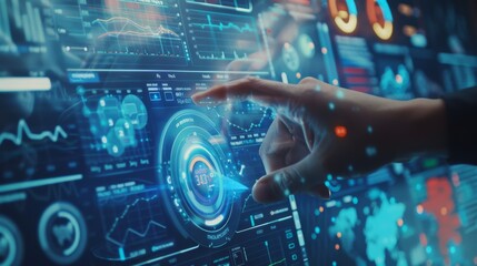 A close-up of a hand interacting with a futuristic touchscreen interface displaying complex data visuals, charts, and holographic elements.