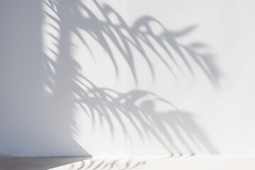 Palm leaf shadow on white wall creating abstract art